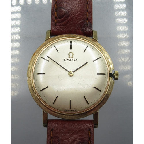 455 - Omega 9ct gold wristwatch on later leather strap with 9ct gold Omega buckle, Birmingham 1963, signed... 