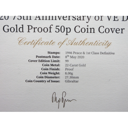 19 - Harrington & Byrne - 2020 75th Anniversary of VE Day Gold Proof 50p Coin cover (22ct 8g) with COA

B... 