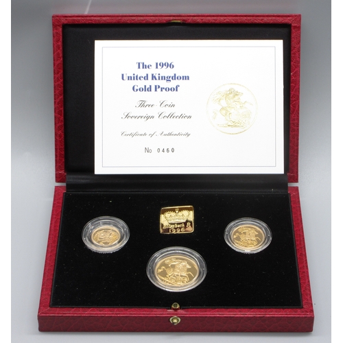 47 - The 1996 United Kingdom Gold Proof Three-Coin Sovereign Set No. 0460/1250, comprising Half-Sovereign...