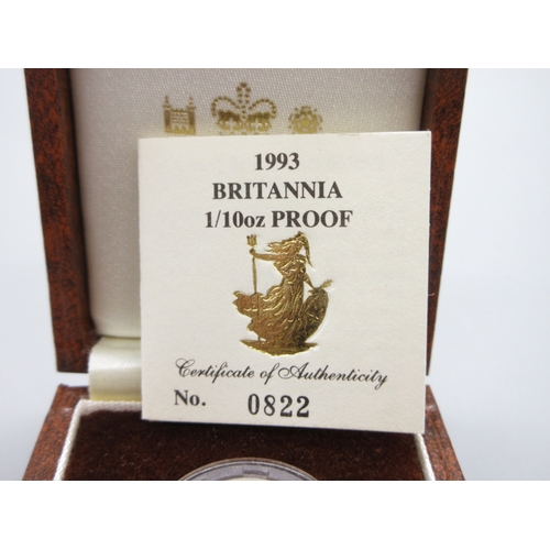 39 - 1993 Britannia 1/10oz Proof coin, No.0822/1000, encapsulated in case with COA

Bradleys Shipping £28... 
