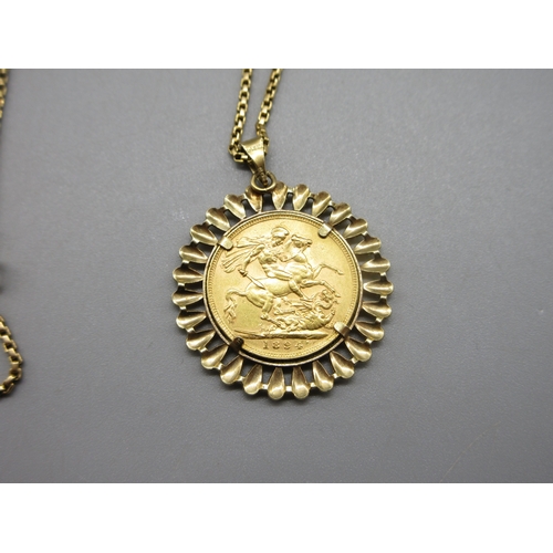 3 - Queen Victoria (1837-1901) 1894 Sovereign in loose mount .375 stamped, box link chain with 750 stamp... 