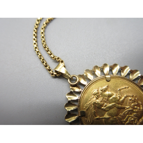 3 - Queen Victoria (1837-1901) 1894 Sovereign in loose mount .375 stamped, box link chain with 750 stamp... 