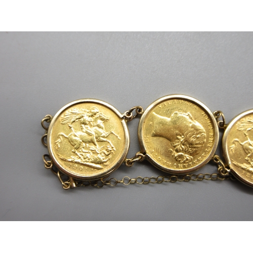 52 - Six sovereigns in 9k/.375 stamped bracelet mounts comprising 1901 1880 1892 1906 1913 & 1967 (56.8g)... 