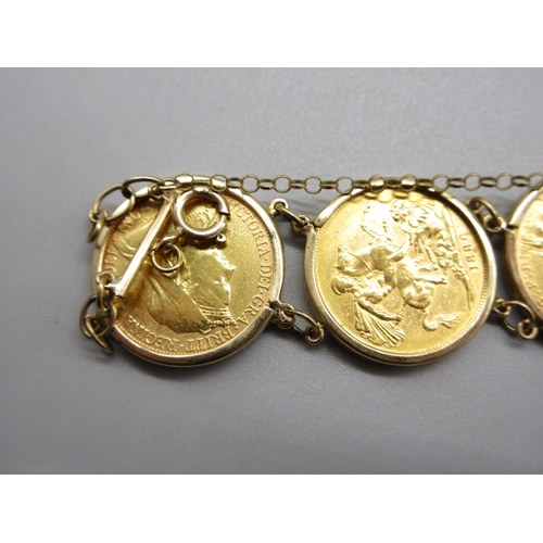 52 - Six sovereigns in 9k/.375 stamped bracelet mounts comprising 1901 1880 1892 1906 1913 & 1967 (56.8g)... 