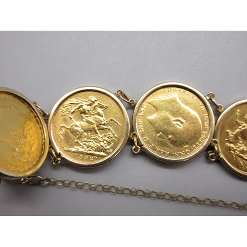 52 - Six sovereigns in 9k/.375 stamped bracelet mounts comprising 1901 1880 1892 1906 1913 & 1967 (56.8g)... 