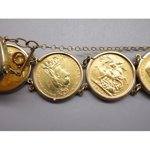 52 - Six sovereigns in 9k/.375 stamped bracelet mounts comprising 1901 1880 1892 1906 1913 & 1967 (56.8g)... 
