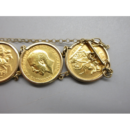 52 - Six sovereigns in 9k/.375 stamped bracelet mounts comprising 1901 1880 1892 1906 1913 & 1967 (56.8g)... 