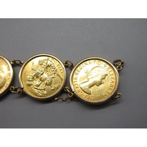 52 - Six sovereigns in 9k/.375 stamped bracelet mounts comprising 1901 1880 1892 1906 1913 & 1967 (56.8g)... 