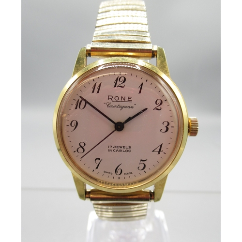 458 - Rone Countryman gold plated wristwatch, signed white Arabic dial with centre seconds, screw on case ... 