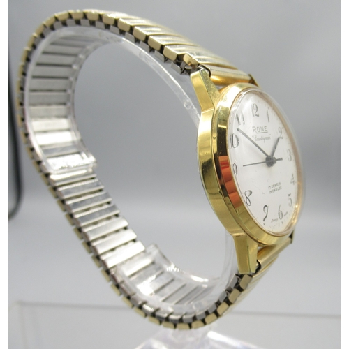 458 - Rone Countryman gold plated wristwatch, signed white Arabic dial with centre seconds, screw on case ... 