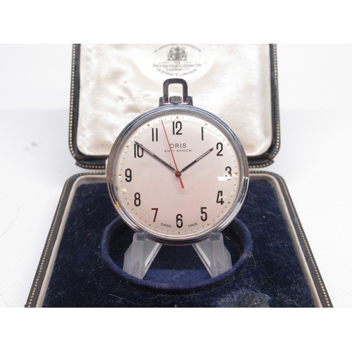 467 - Oris chrome keyless pocket watch, signed silver Arabic dial with centre seconds, signed snap on case... 