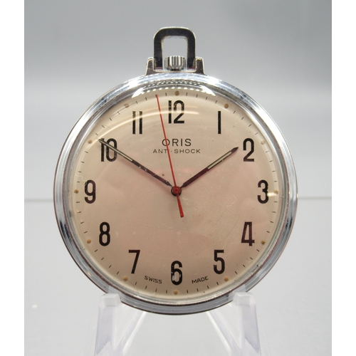 467 - Oris chrome keyless pocket watch, signed silver Arabic dial with centre seconds, signed snap on case... 