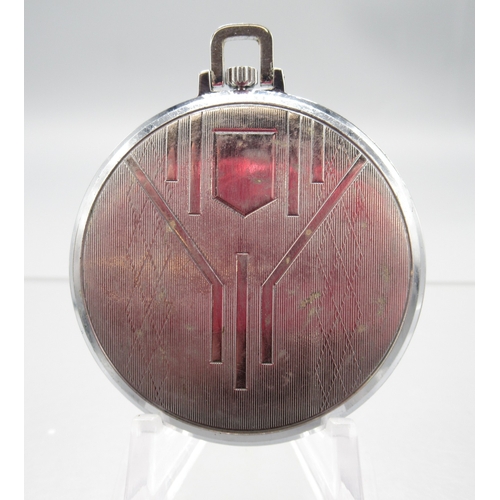 467 - Oris chrome keyless pocket watch, signed silver Arabic dial with centre seconds, signed snap on case... 