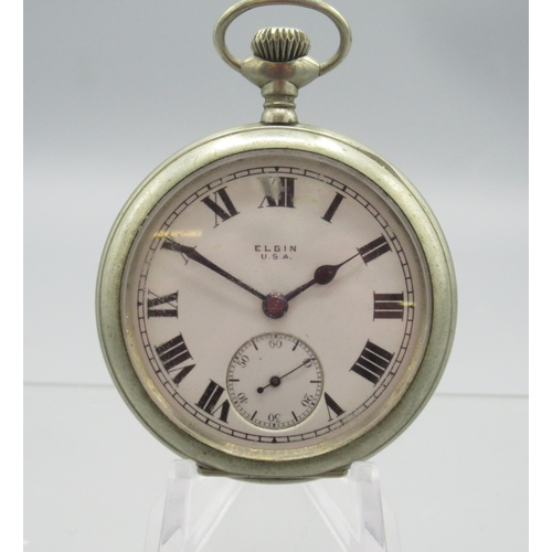 469 - Elgin keyless pocket watch, signed white enamel Roman dial with subsidiary seconds, Philadelphia Wat... 