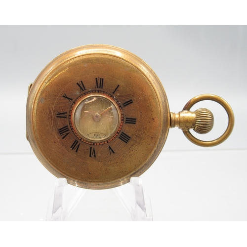 471 - Swiss gold plated keyless half hunter pocket watch, gold engine turned striped Arabic dial with subs... 