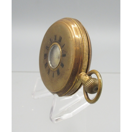 471 - Swiss gold plated keyless half hunter pocket watch, gold engine turned striped Arabic dial with subs... 
