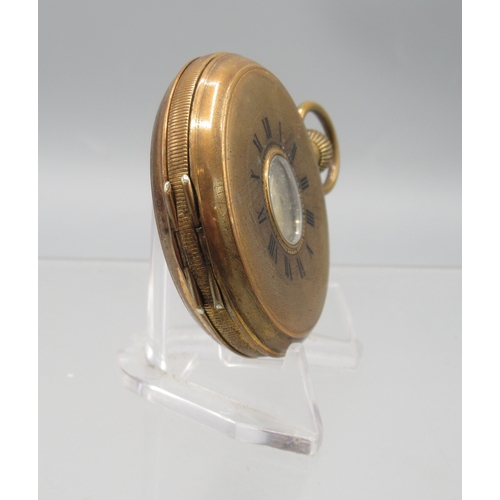471 - Swiss gold plated keyless half hunter pocket watch, gold engine turned striped Arabic dial with subs... 