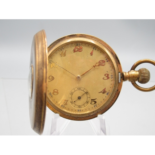 471 - Swiss gold plated keyless half hunter pocket watch, gold engine turned striped Arabic dial with subs... 