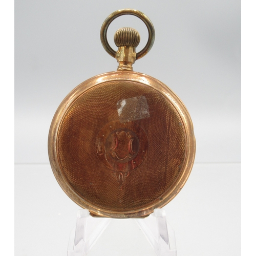 471 - Swiss gold plated keyless half hunter pocket watch, gold engine turned striped Arabic dial with subs... 