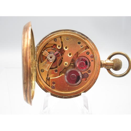 471 - Swiss gold plated keyless half hunter pocket watch, gold engine turned striped Arabic dial with subs... 