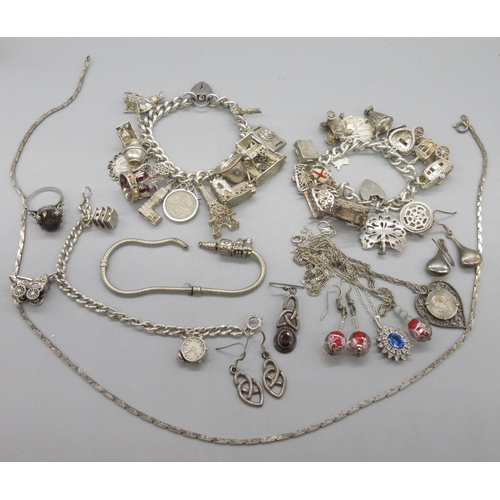 Collection of silver jewellery to include three Victorian style charm ...