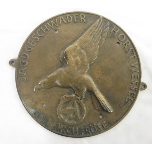 128 - German Jagdgeschwader Horst Wessel Brass Plaque to Hans Hobelsberger bearing Eagle grasping the SA s... 
