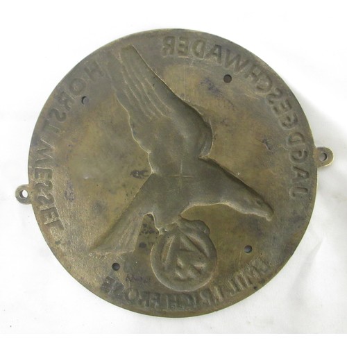 128 - German Jagdgeschwader Horst Wessel Brass Plaque to Hans Hobelsberger bearing Eagle grasping the SA s... 