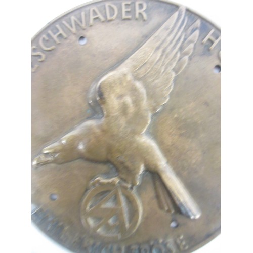 128 - German Jagdgeschwader Horst Wessel Brass Plaque to Hans Hobelsberger bearing Eagle grasping the SA s... 