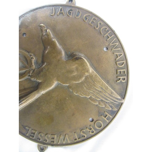 128 - German Jagdgeschwader Horst Wessel Brass Plaque to Hans Hobelsberger bearing Eagle grasping the SA s... 