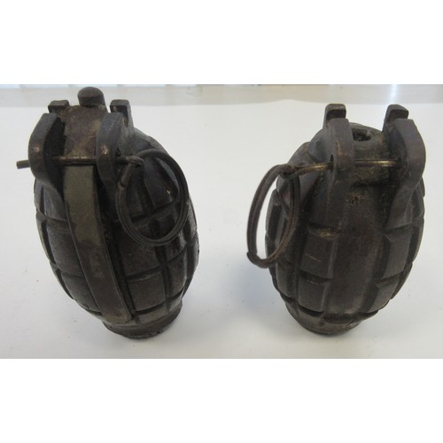 155 - Two inert WW1 British Mk1 Mills hand grenades, one with no.36 base plug (both inert, in very good co... 