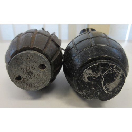 156 - Three inert hand grenades, two British Mills hand grenade one with No.51 base plug and one German st... 