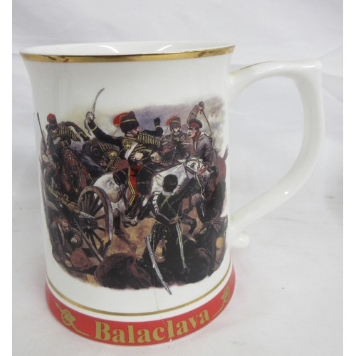 175 - Set of six Danbury Mint commemorative army tankards to incl. Waterloo, Quatre Bras, Balaclava (crack... 