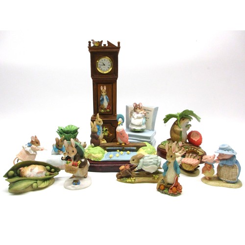 Collection of Beatrix Potter figurines, majority boxed & many by Border Fine Arts Studio, to include: Hunca Munca Musical Tune: Brahms Lullaby 297720 with wind-up mechanism; Peter Rabbit (quartz long case) Clock A1311, approx. H 24cm; limited edition Peter, Benjamin & Jemima Puddle-duck figurine no.302 of 400 A28983; Timmy Willie In Peapod Figurine 643920; Peter Rabbit With Onions Figurine 284165; The Flopsy Bunnies (Miniature Figurine) A3495; Aunt Pettitoes and Pigling Bland (Miniature Figurine) A3410; Rabbit with Basket of Gifts (Miniature Figurine) A3487; Cecily Parsley Mini Figurine A0636; Hunca Munca and the Babies BPM7 271756 figurine, reg#4126/898, all from The World of Beatrix Potter; Mrs. Rabbit and Peter Mini Figurine A8413, from the Peter Rabbit Collection; Timmy Willie and Strawberry A20124 & Appley Dapply A2352, both from Friends of Peter Rabbit, etc. Qty. 13