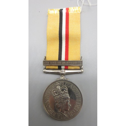 43 - Iraq Medal with clasp 19 March to 28th April 2003 To. 25140872 Gnr. P. A. James RA, with rosette, th... 