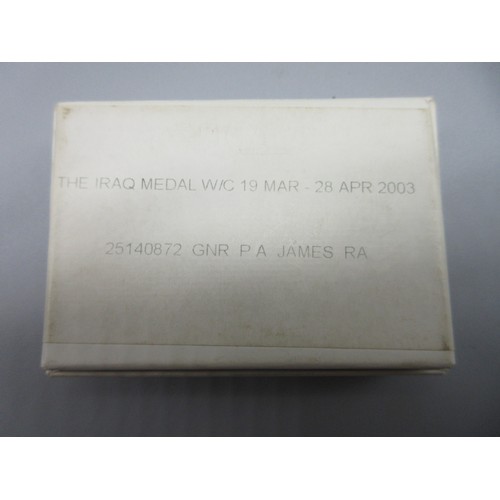 43 - Iraq Medal with clasp 19 March to 28th April 2003 To. 25140872 Gnr. P. A. James RA, with rosette, th... 