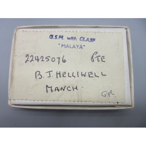 51 - General Service Medal 1918-62 (George VI) with Malaya clasp To. 22425076 Pte. B. J. Helliwell. Manch... 