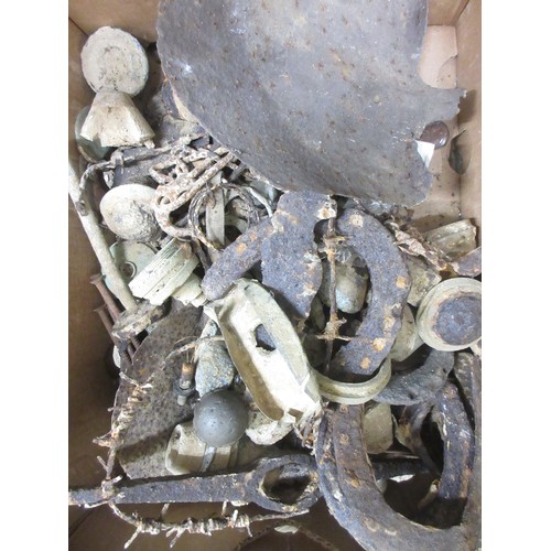 161 - Collection of metal detecting finds incl. horse shoes, shovel head, bits of shrapnel, barbed wire, s... 