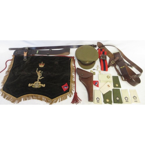162 - Mixed collection of militaria items incl. Sam Brown, Army officers cap (by Moss Bros), leather holst... 