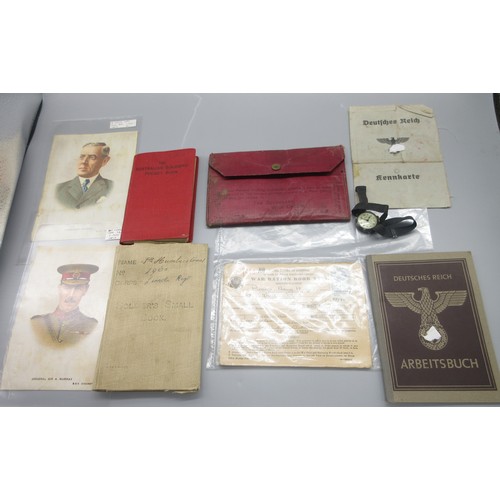 165 - Collection of mostly WW2 related ephemera incl. Ration Book Two, two silk cigarette cards, soldier's... 