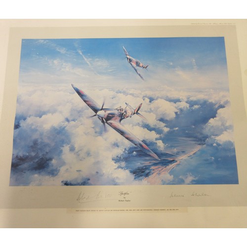 178 - Five framed military prints by Robert Taylor incl. 'First of Many' L40cm x W55cm, two 'Spitfire' pri... 