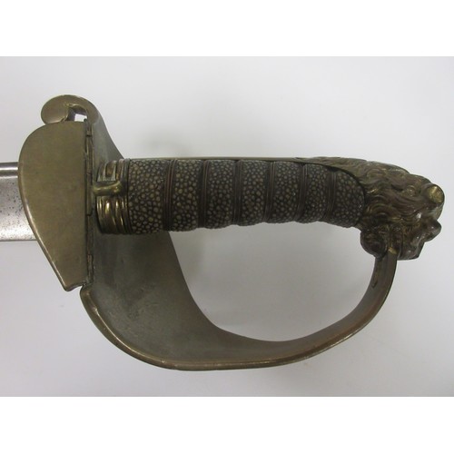 238 - British Royal Navy 1827 pattern pipe back Officers sword, slightly curved pipe backed with quill poi... 