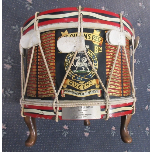 153 - Regimental drum for the Queens Regiment 3rd Battalion presented to Major Roger Jennings for his reti... 