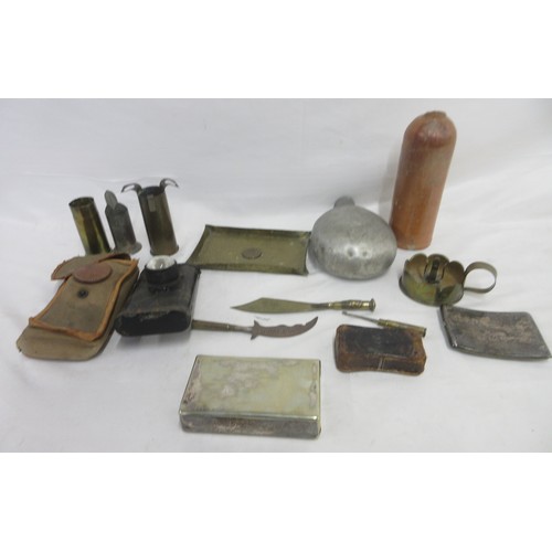 167 - Mixed collection of militaria to incl. brass trench art incl. two engraved kukris, cigarette holder,... 