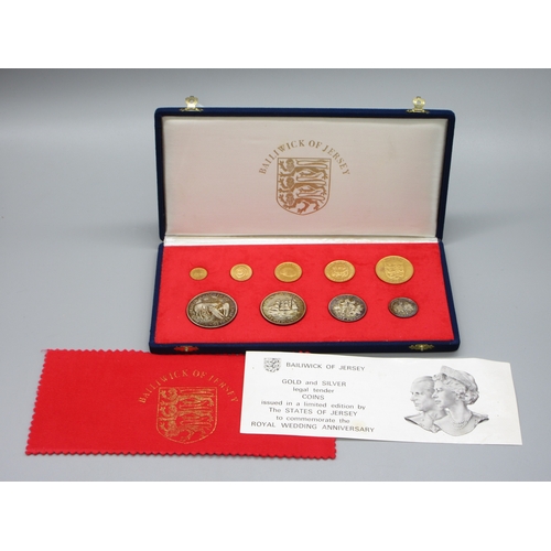 53 - Bailiwick of Jersey - Elizabeth II (1952-2022), 1972 Royal Wedding Anniversary Nine-Coin Gold and Si...