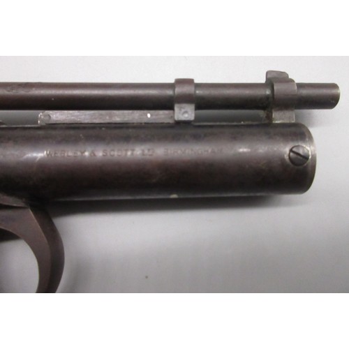 418A - Vintage Webley & Scott .77 air pistol, over lever action with two piece steel grip, patent no.219872... 