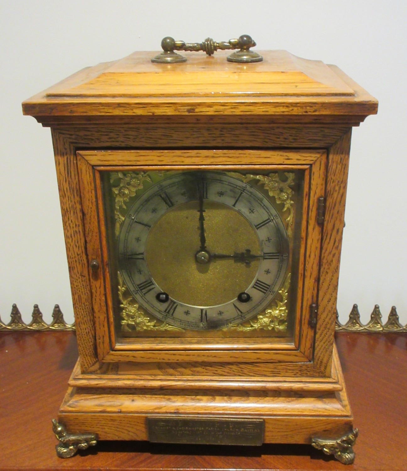 Victorian golden oak cased mantel clock, brass dial with silvered ...