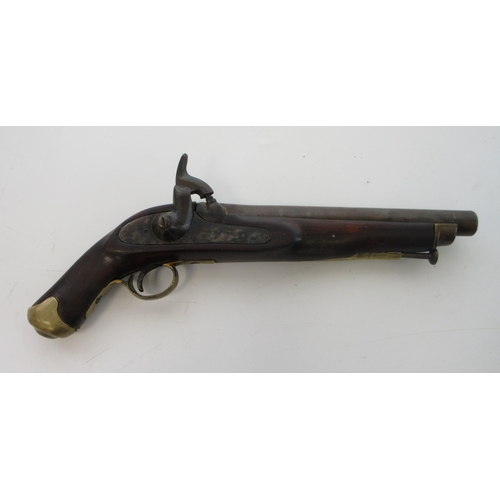 19th Century percussion military pistol, 10" barrel, with brass fittings and ramrod, crown stamp to lock, date 1828, full and half cock in good order.

Shipping £33.00 plus vat (UK Only)