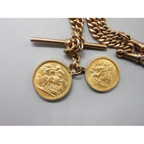 48 - Edward VII (1902-1910) 1907 Sovereign and George V (1910-36) 1913 Half-Sovereign in 9ct mounts to a ... 