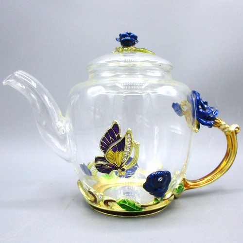 792 - Floral & butterfly-encrusted glassware comprising blooming teapot with cover, 32cl coffee mug & thre... 
