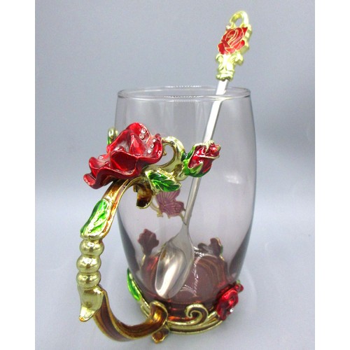 792 - Floral & butterfly-encrusted glassware comprising blooming teapot with cover, 32cl coffee mug & thre... 